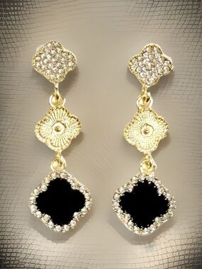 Gold-Tone Green Clover Drop Earrings with Crystal Accents